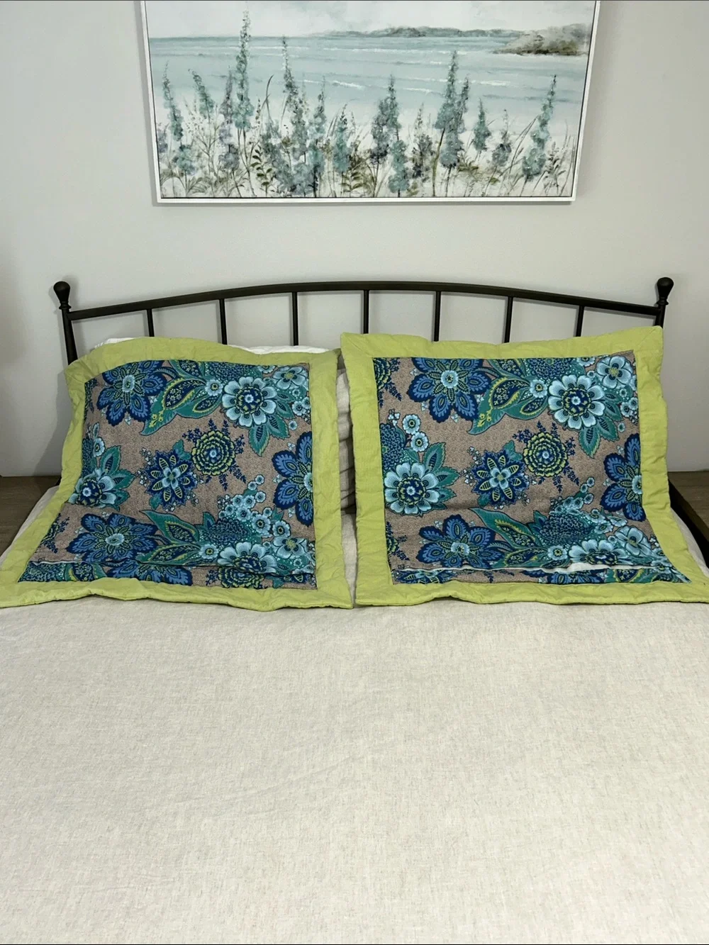 Set of two Square euro sham pillow covers.Floral Blue & Lime. 30 x 30 inches